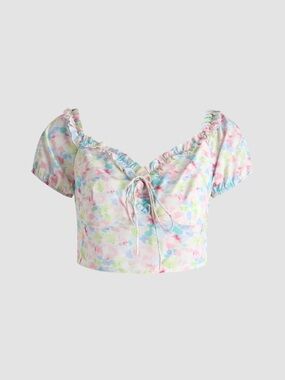 Cider Watercolor Floral Print Tie-Front Crop Top